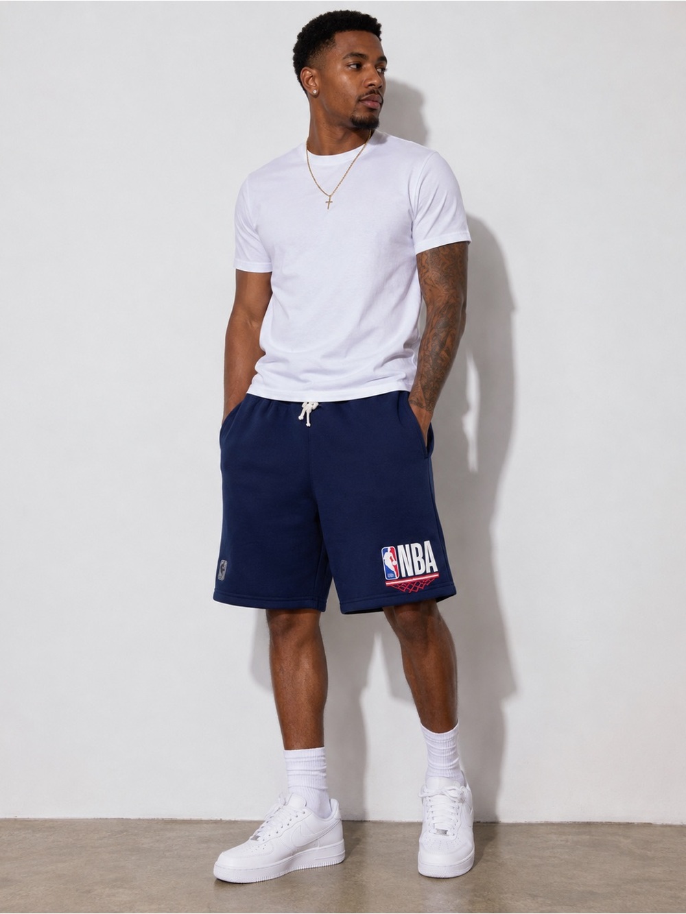 NBA Navy Heavy Fleece Below-the-Knee Shorts with White Drawstring